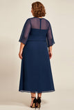 Vestido de Madre De Novia De Gasa Azul Marino A Line De Talla Grande Con Mangas 3/4