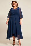 Vestido de Madre De Novia De Gasa Azul Marino A Line De Talla Grande Con Mangas 3/4