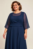 Vestido de Madre De Novia De Gasa Azul Marino A Line De Talla Grande Con Mangas 3/4