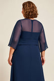 Vestido de Madre De Novia De Gasa Azul Marino A Line De Talla Grande Con Mangas 3/4