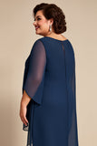 Trajes de pantalón de gasa azul marino de talla grande madre de la novia