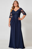 Vaina azul marino escote en V encaje de gasa talla grande Madre de la novia Vestido