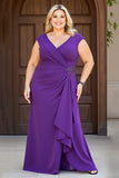 Vaina morada con escote en V Gasa de talla grande Madre de la Novia Vestido