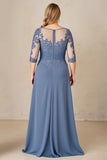 Azul empolvado Una línea de encaje de gasa de talla grande Madre de la novia Vestido