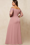Dusty Rose Una línea fuera del hombro Satén de talla grande Madre de la novia Vestido