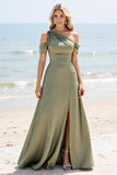 Olive A Line Vestido de dama de honor largo plisado con hombros fríos