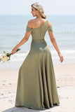 Olive A Line Vestido de dama de honor largo plisado con hombros fríos