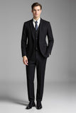 Slim Fit Cuadros Escoceses Solapa con Muescas 3 Piezas Negro Trajes de Hombre