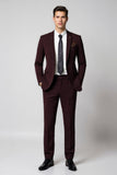 Trajes de hombre con solapa con muescas burdeos de 2 piezas slim fit