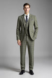 Gris Verde 3 Piezas Solapa Con Muescas Traje De Hombre