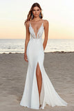 Vestido de novia largo de encaje con tirantes de espagueti de sirena