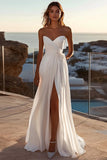 A Line lvory Vestido de novia plisado sin tirantes con abertura