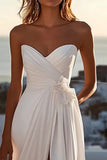 A Line lvory Vestido de novia plisado sin tirantes con abertura