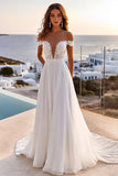 A Line lvory Off The Shoulder Vestido de novia largo plisado
