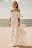 A Line lvory Off The Shoulder Vestido de novia largo plisado de satén