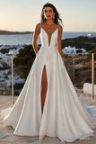 A Line Spaghetti Straps lvory Vestido de Novia Largo con Abertura