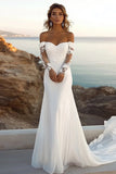 Vestido de novia largo de encaje de sirena con hombros descubiertos