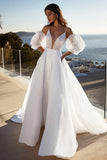 Vestido de novia de encaje de línea A marfil con mangas abullonadas