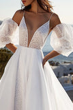 Vestido de novia de encaje de línea A marfil con mangas abullonadas