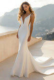Vestido de novia sirena con tirantes de espagueti de satén marfil