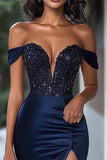Vestido largo de fiesta de lentejuelas de sirena azul marino brillante con hombros descubiertos con abertura