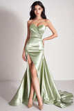Dusty Sage Mermaid Vestido de fiesta largo sin tirantes con abertura