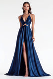 Vestido de fiesta largo de satén halter azul marino de una línea con abertura