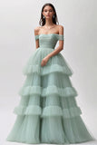 Vestido de fiesta largo de tul con volantes en verde claro