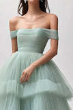 Vestido de fiesta largo de tul con volantes en verde claro