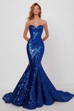 Novia brillante Vestido largo de fiesta sirena azul real