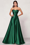 Verde Oscuro Una Línea Vestido De Fiesta Largo De Satén Novia