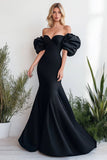 Vestido de fiesta largo de satén con mangas abullonadas de sirena negra con hombros descubiertos
