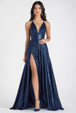 Vestido de fiesta largo con abertura y tirantes de espagueti azul marino brillante con lentejuelas
