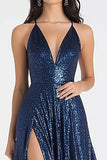 Vestido de fiesta largo con abertura y tirantes de espagueti azul marino brillante con lentejuelas