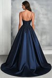 Vestido de gala de satén con tirantes de espagueti azul marino con purpurina y apliques