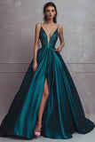 Vestido de fiesta largo con abertura y tirantes de espagueti de línea A verde oscuro brillante con abalorios de satén con abertura