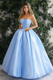 Vestido de bola de organza sin tirantes azul cielo brillante con encaje