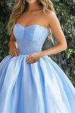 Vestido de bola de organza sin tirantes azul cielo brillante con encaje