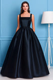 Vestido de fiesta largo de satén con cuello cuadrado y línea A negro