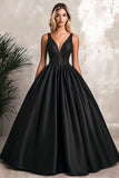 Vestido de fiesta largo de satén con escote en V negro brillante con cuello en V y lentejuelas