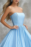 Vestido de fiesta largo sin tirantes azul cielo