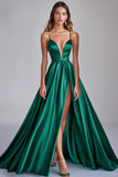 Vestido de fiesta largo de satén con tirantes finos de línea A verde oscuro con abertura