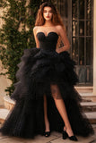 Vestido de fiesta largo de tul sin tirantes negro de una línea