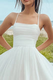 Tirantes de espagueti de tul de una línea Vestido de graduación blanco fruncido