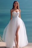 Vestido largo de playa de tul palabra de honor blanco con abertura