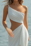 Vestido de playa largo fruncido de un hombro con vaina blanca