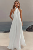 Vestido largo de graduación de gasa halter con vaina blanca