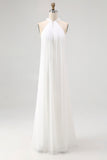 Vestido largo de graduación de gasa halter con vaina blanca