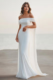 Vestido largo de graduación de gasa con capa de sirena blanca con hombros descubiertos