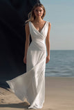 Vestido de playa boho largo fruncido con escote en V blanco